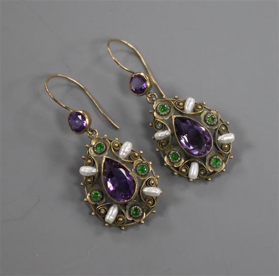 A pair of early 20th century 9ct gold earrings in the suffragette colours, set with amethysts, green garnets and pearls, 30mm.